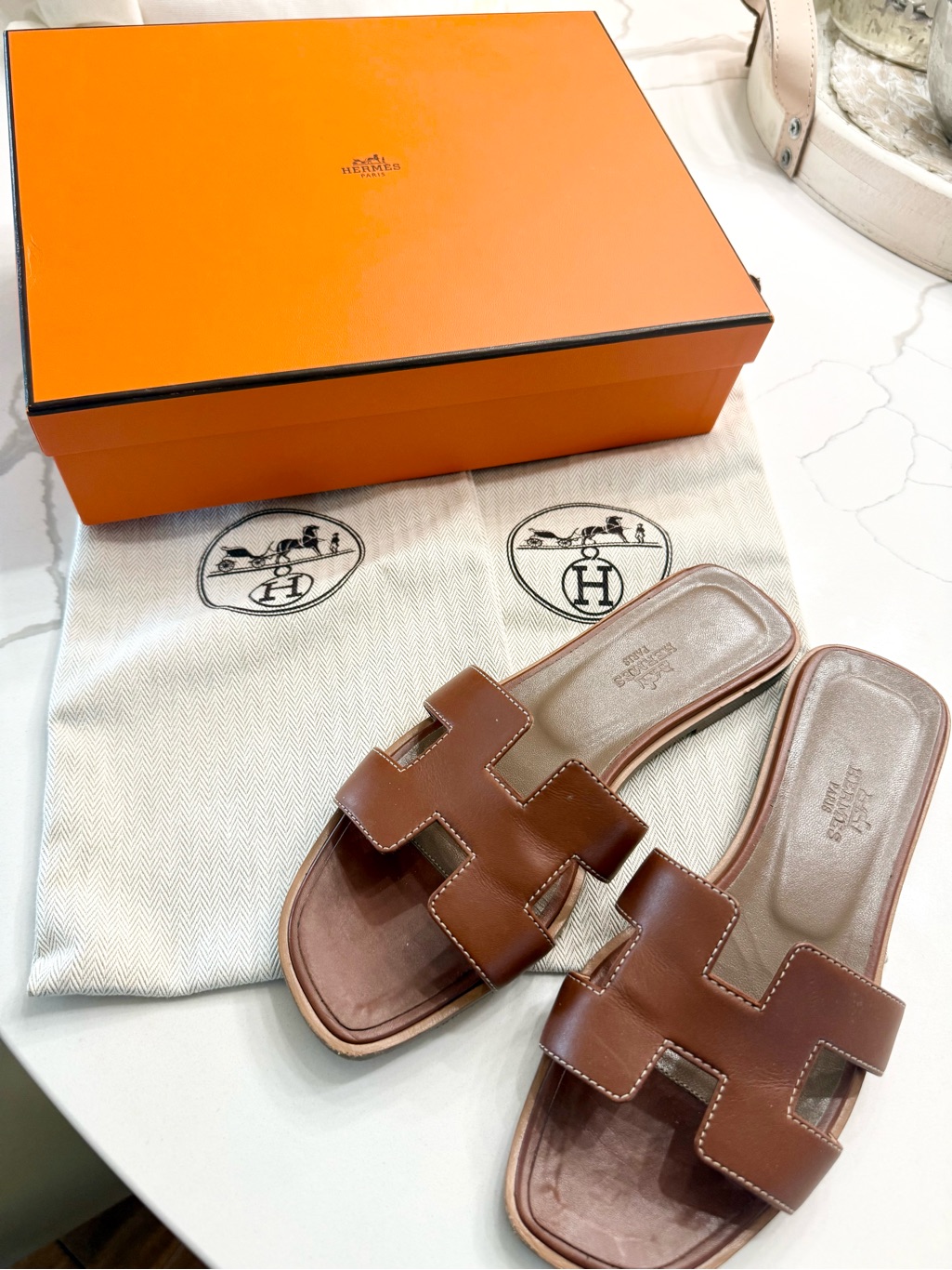 Hermes Brown Oran H Leather Slide Sandals - Gold Color